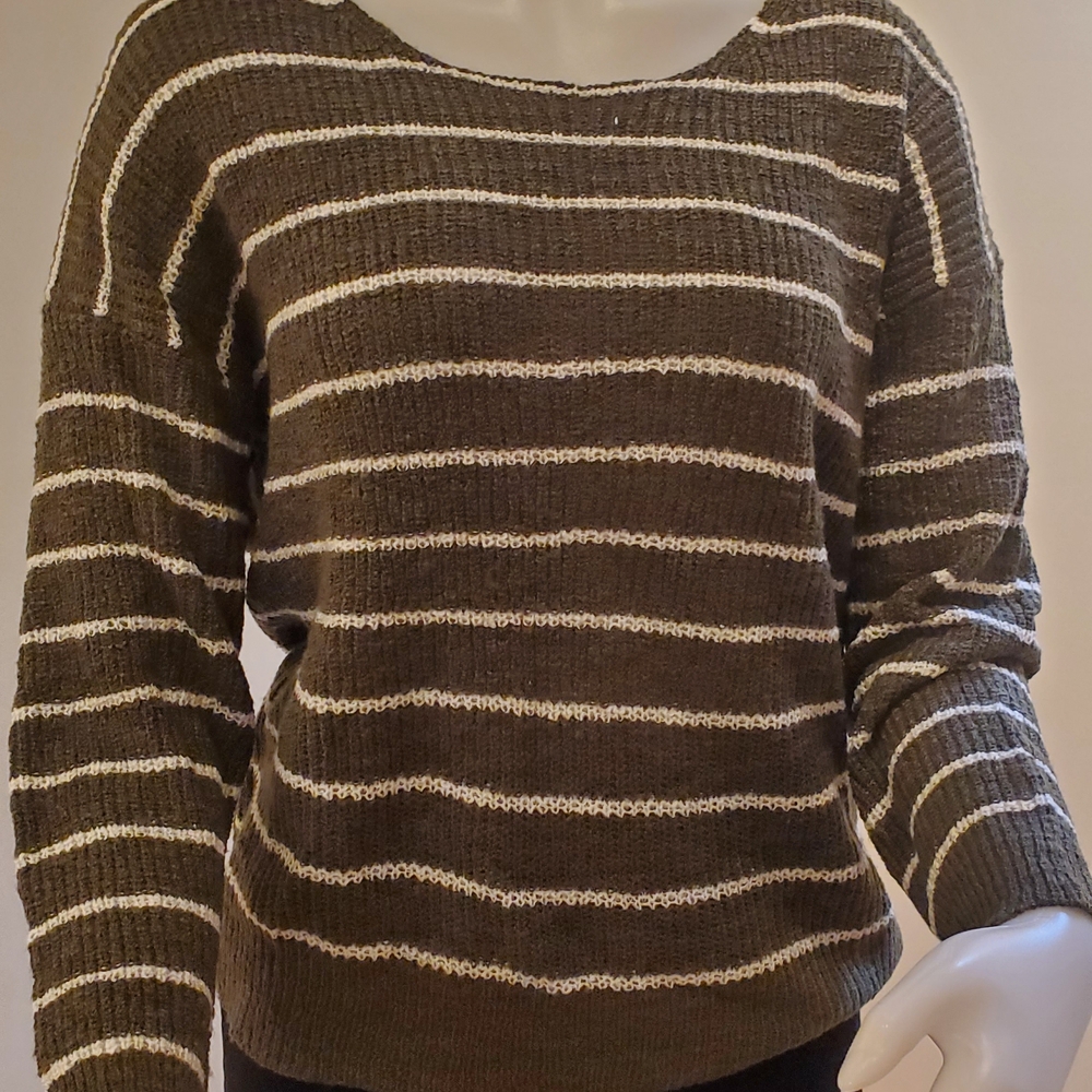Striped Knit Sweater in Olive green and white